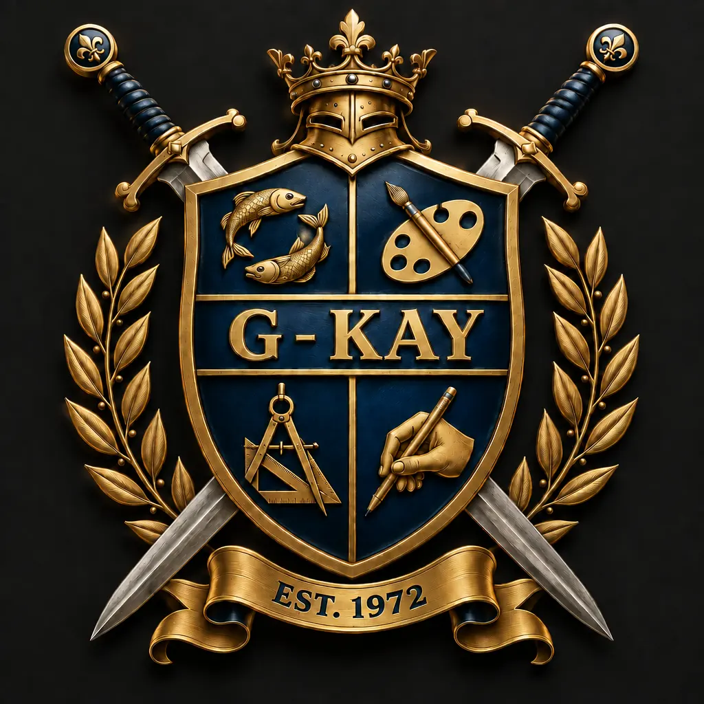 The G. Kay crest: a navy shield with two fish, a palette, a compass and set square and a drawing hand, beneath a helm and crown, with crossed swords, laurels and a banner reading Est. 1972.