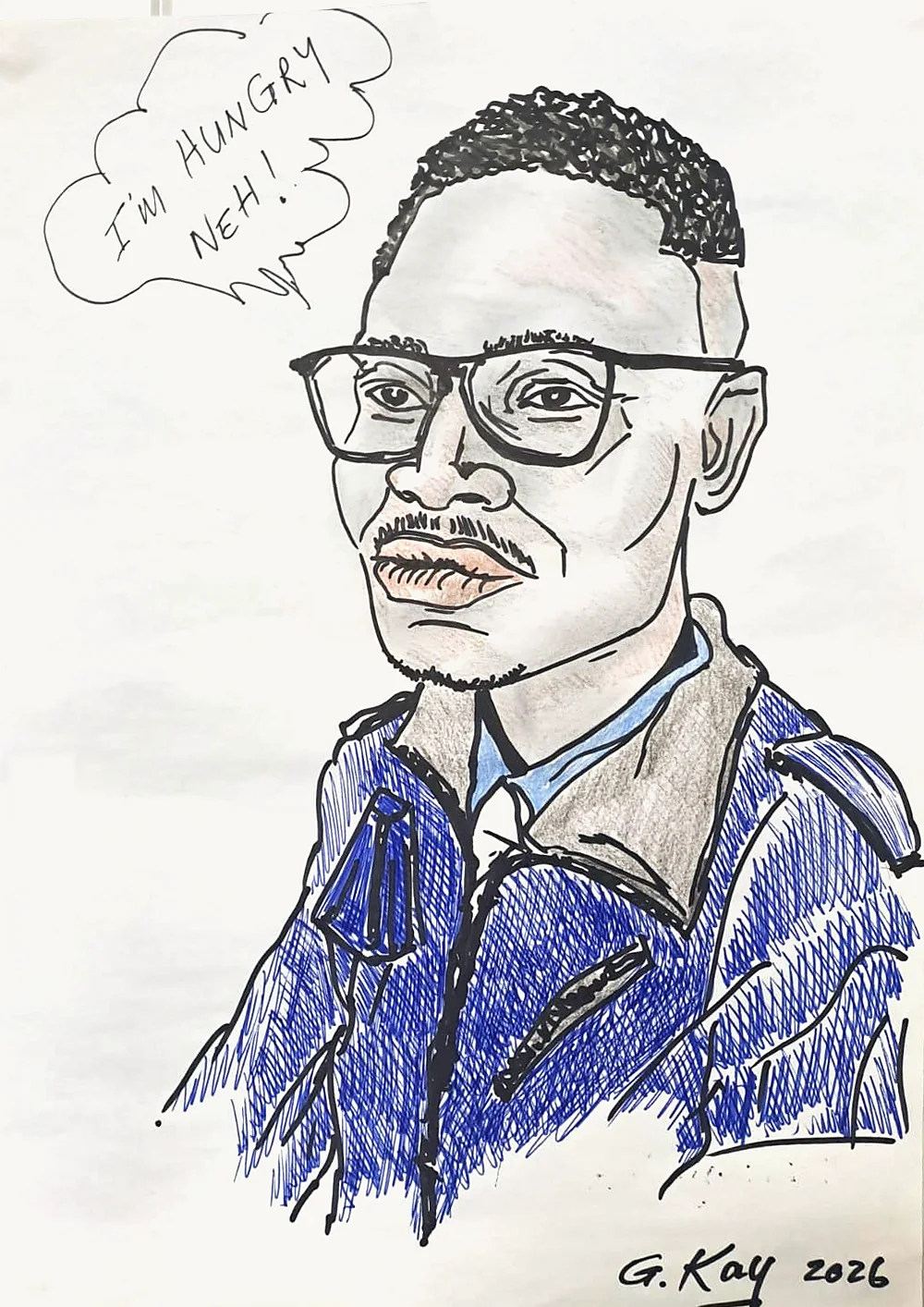 Caricature of a man in glasses and a blue work jacket, with a speech bubble reading "I'm hungry neh!"