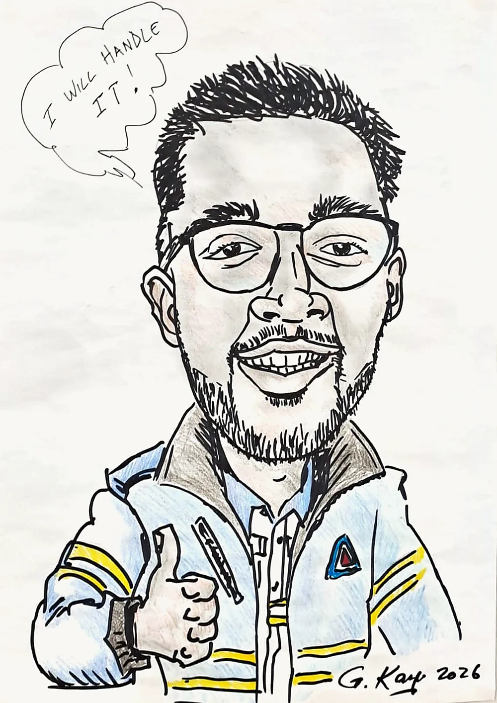 Caricature of a bearded man in glasses giving a thumbs up, with a speech bubble reading "I will handle it!"