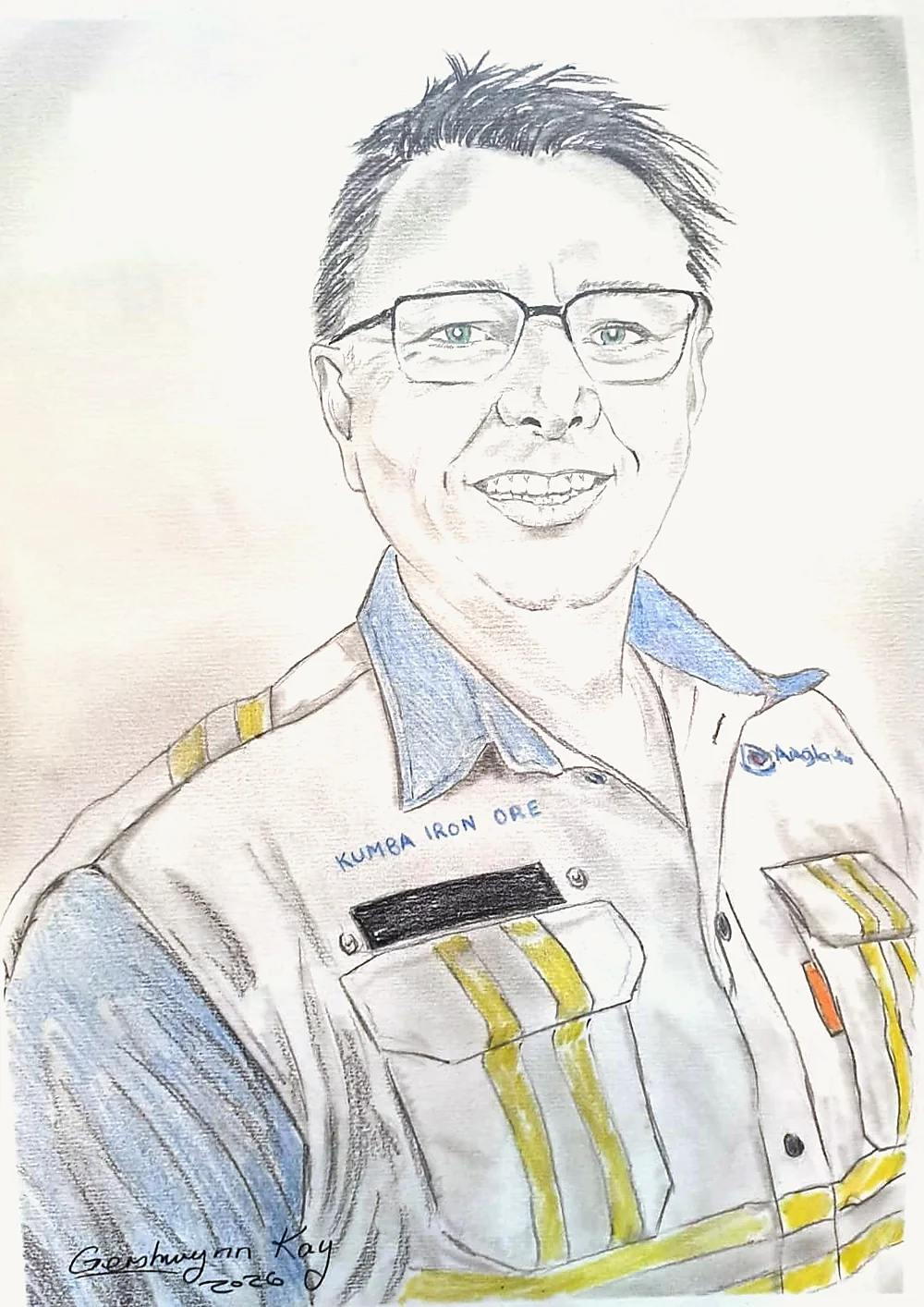 Pencil portrait of a man with swept-up hair and glasses, smiling broadly, in a work shirt with reflective stripes