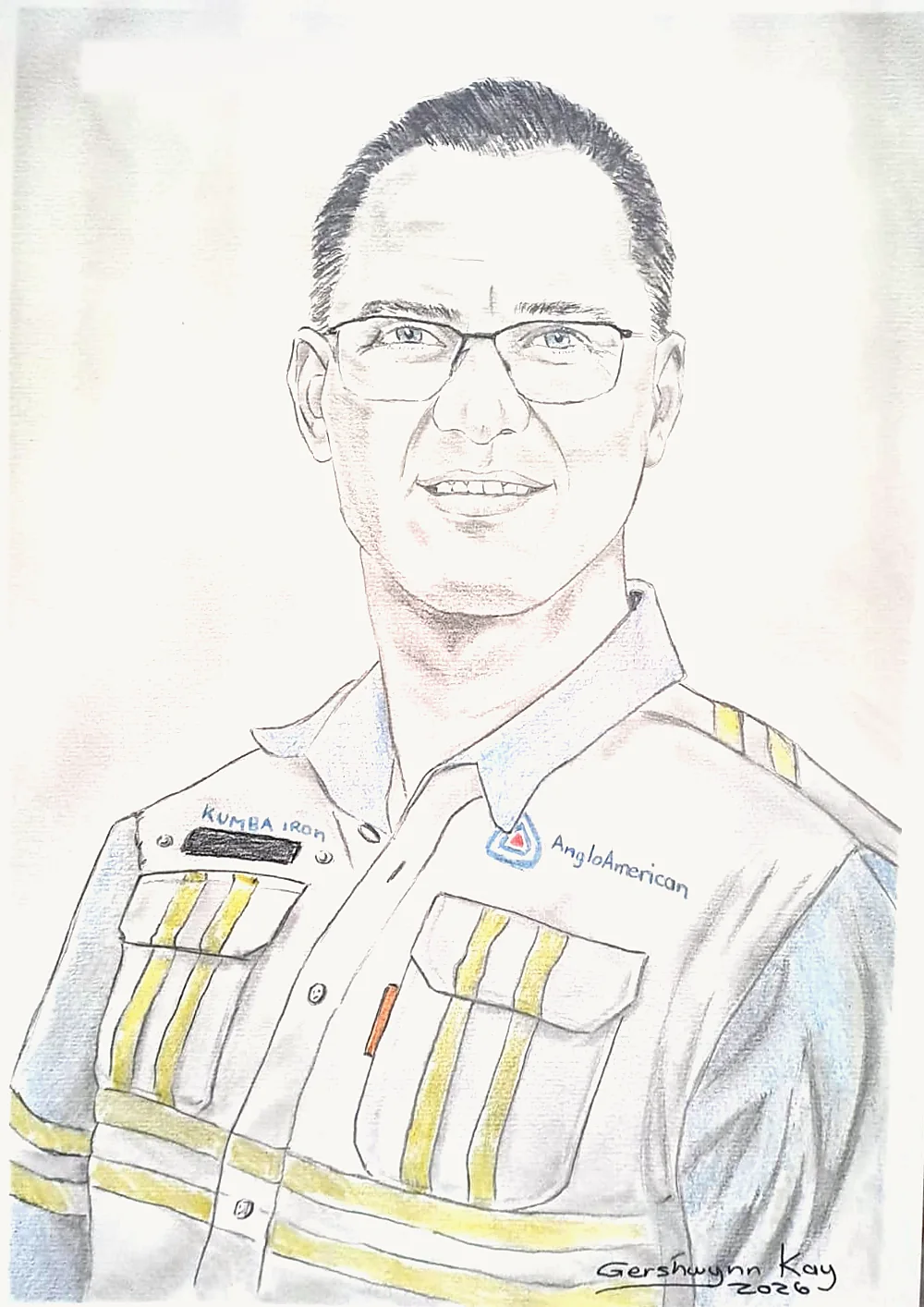 Pencil portrait of a smiling man in glasses wearing a work shirt with reflective stripes