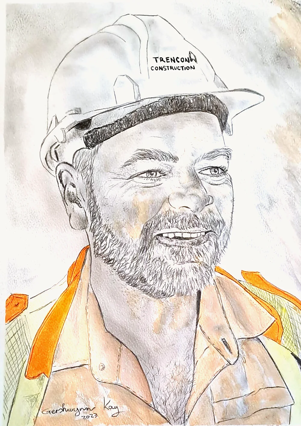 Portrait of a laughing bearded man in a white hard hat and an orange high-visibility vest