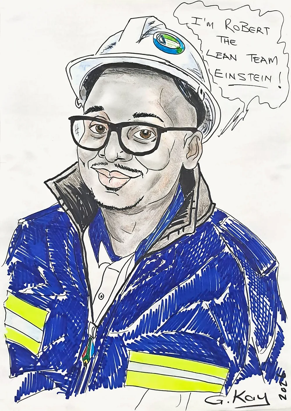 Marker caricature of a smiling man in thick black glasses, a white hard hat and a blue reflective jacket, with a speech bubble